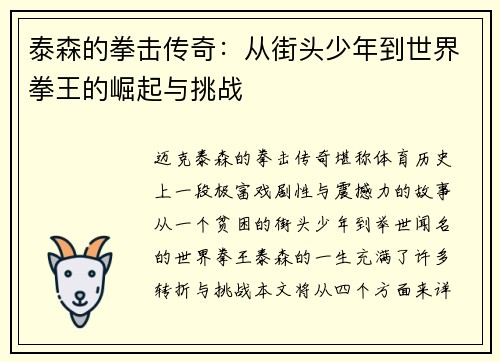 泰森的拳击传奇：从街头少年到世界拳王的崛起与挑战